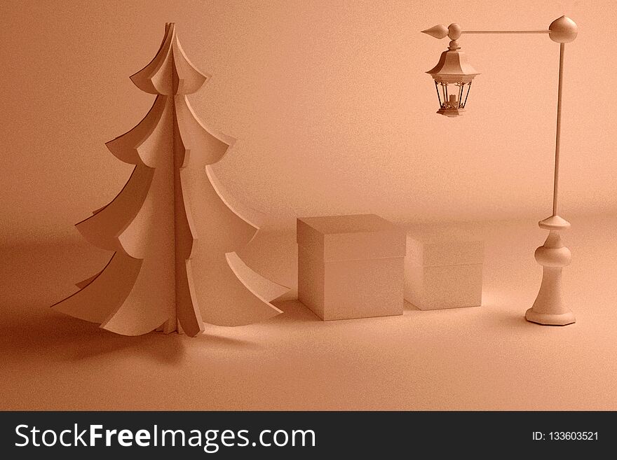 3D render of Christmas trees and gift boxes for New Year`s holidays. Background for cards
