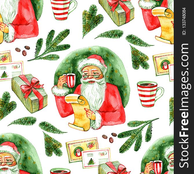 Seamless pattern. Vintage watercolor cute Santa Claus drinking hot tea, coffee and reads letters. Fairytale winter watercolor Christmas illustration, Holiday design elements. Seamless pattern. Vintage watercolor cute Santa Claus drinking hot tea, coffee and reads letters. Fairytale winter watercolor Christmas illustration, Holiday design elements.