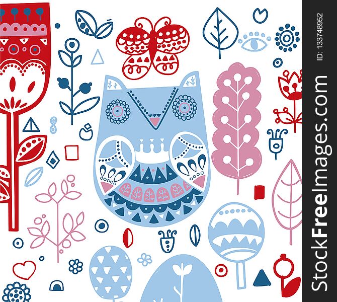 Scandinavian, Nordic style. Ornamental hand drawn owl - Vector illustration - doodle style. Inspired folk art pattern. Scandinavian, Nordic style. Ornamental hand drawn owl - Vector illustration - doodle style. Inspired folk art pattern.