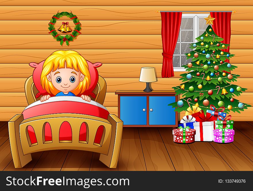 Christmas living room with fireplace, armchair, tree and presentsCartoon a girl going to bed in her room with a christmas tree