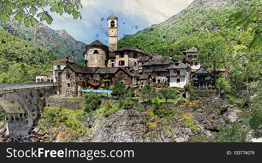 Mountain Village, Mountain, Tree, Village