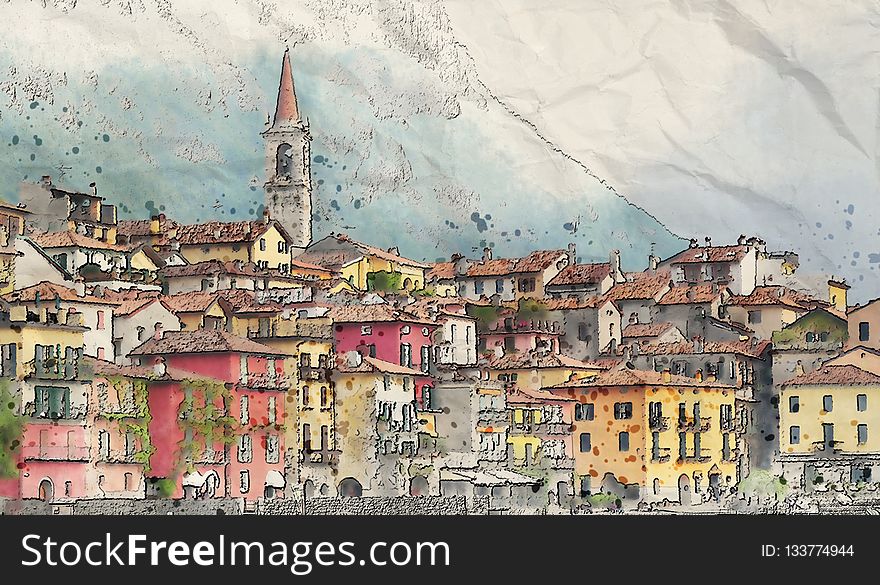 Town, Watercolor Paint, City, Sky