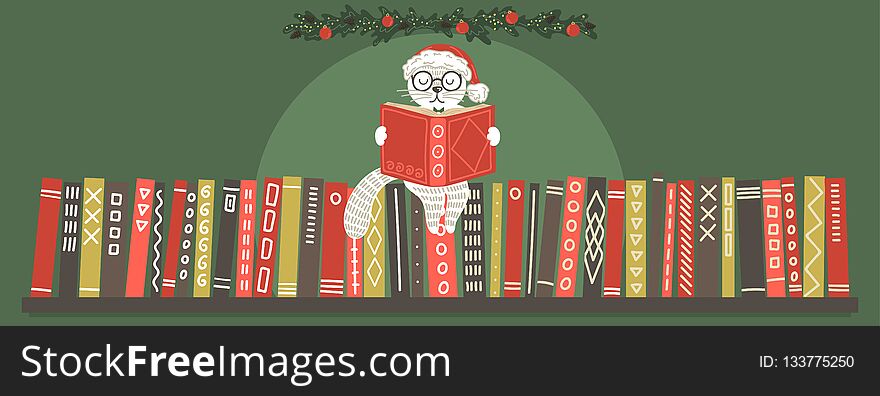 Cat in Christmas hat reading book. Bookshelf with white cat reading book. Christmas vector illustration. Cat in Christmas hat reading book. Bookshelf with white cat reading book. Christmas vector illustration.