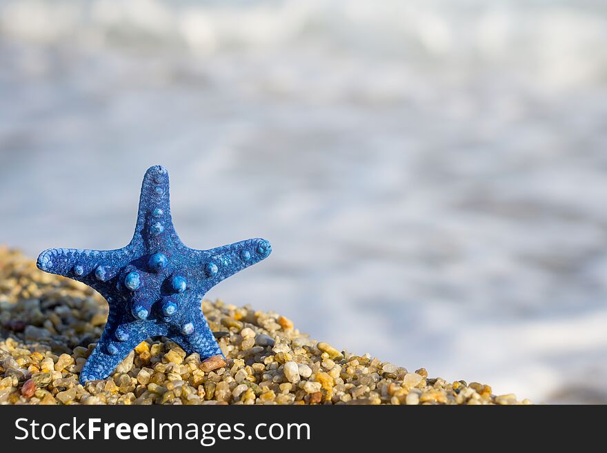 Blue starfish pinned on sand at the beach. Blue sea on background.