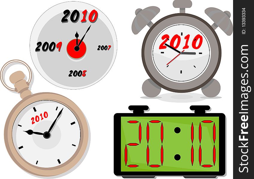 Clocks with a symbolic image of 2010 year. illustrated in .