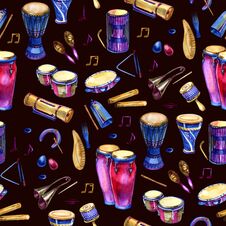 Seamless Pattern With Drums With Splashes In Watercolor Style And Decorative Geometric Elements On White Background Royalty Free Stock Image