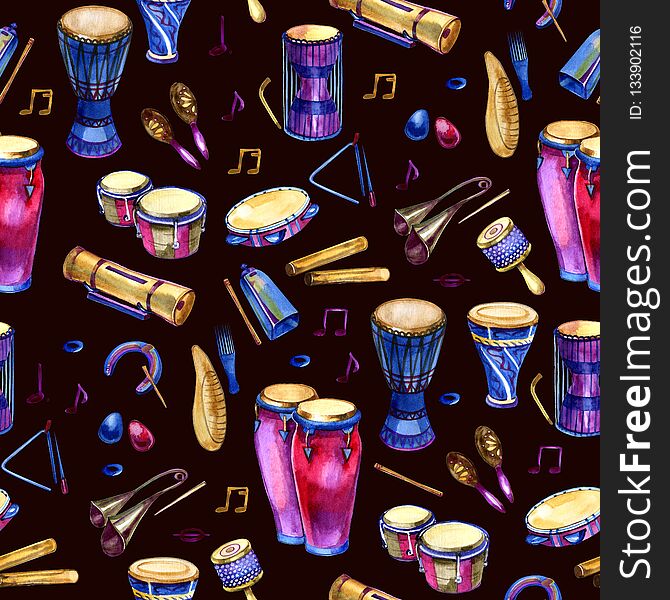 Seamless pattern with drums with splashes in watercolor style and decorative geometric elements on white background