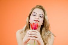 Blond Girl And Red Tulip Royalty Free Stock Photo