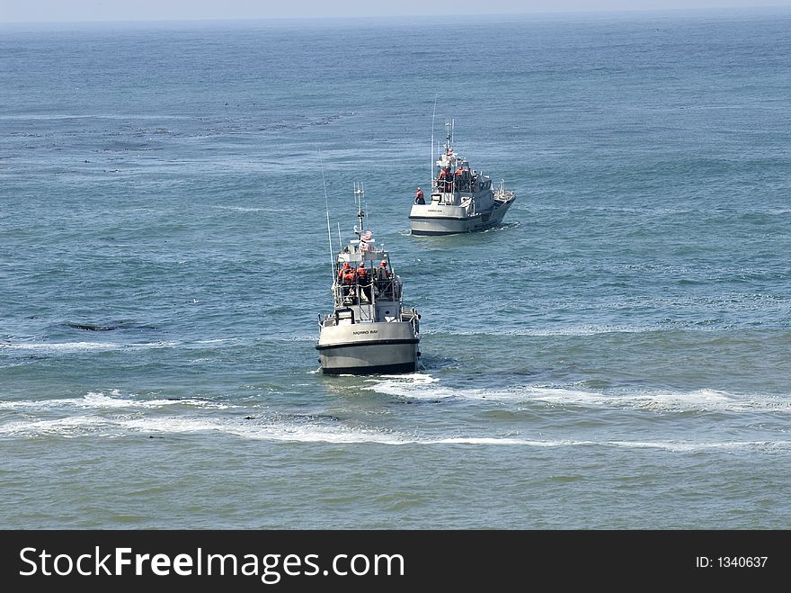 Two Coast Guard boats in rescue opertion off the California coast. Two Coast Guard boats in rescue opertion off the California coast