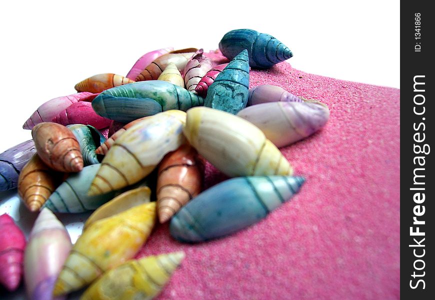 Colored snails over pink sand. Colored snails over pink sand