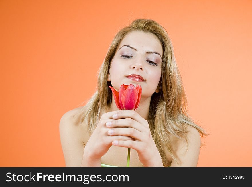 Beautiful blond girl with a red tulip in her hands, looking relaxed; orange background. Beautiful blond girl with a red tulip in her hands, looking relaxed; orange background