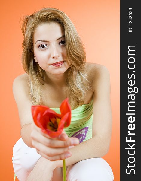 Beautiful blond girl offering a red tulip to someone, looking relaxed; orange background. Beautiful blond girl offering a red tulip to someone, looking relaxed; orange background