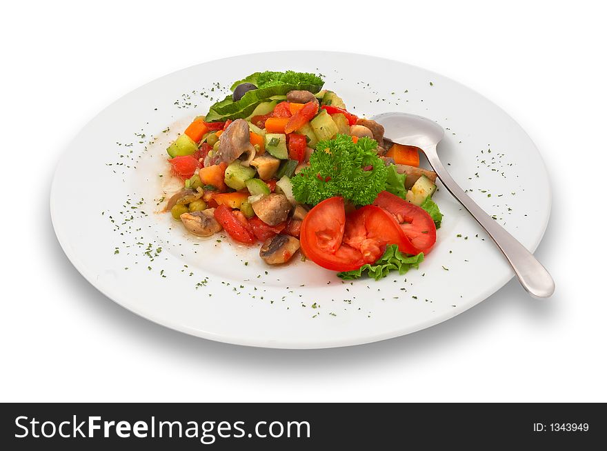 Mixed vegetable/mushroom salad. isolated.