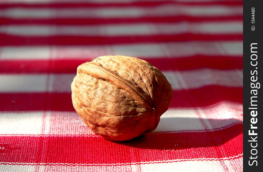 A walnut on checked tablecloth - close-up. A walnut on checked tablecloth - close-up