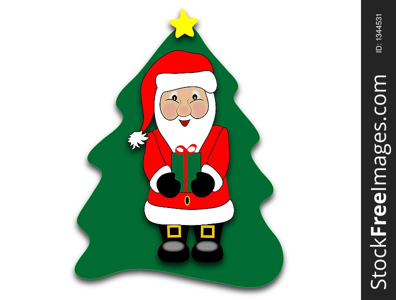 Misses Santa Holding a gift standing infront of a christmas tree isolated over a white background. Graphic. Misses Santa Holding a gift standing infront of a christmas tree isolated over a white background. Graphic.