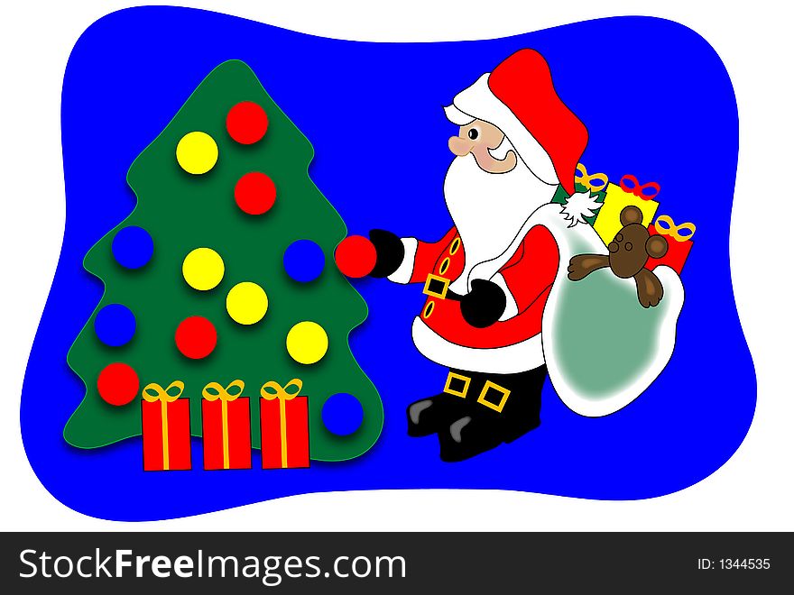 Santa Clause decorating a Christmas tree holding a bag full of presents over a blue background. Graphic.