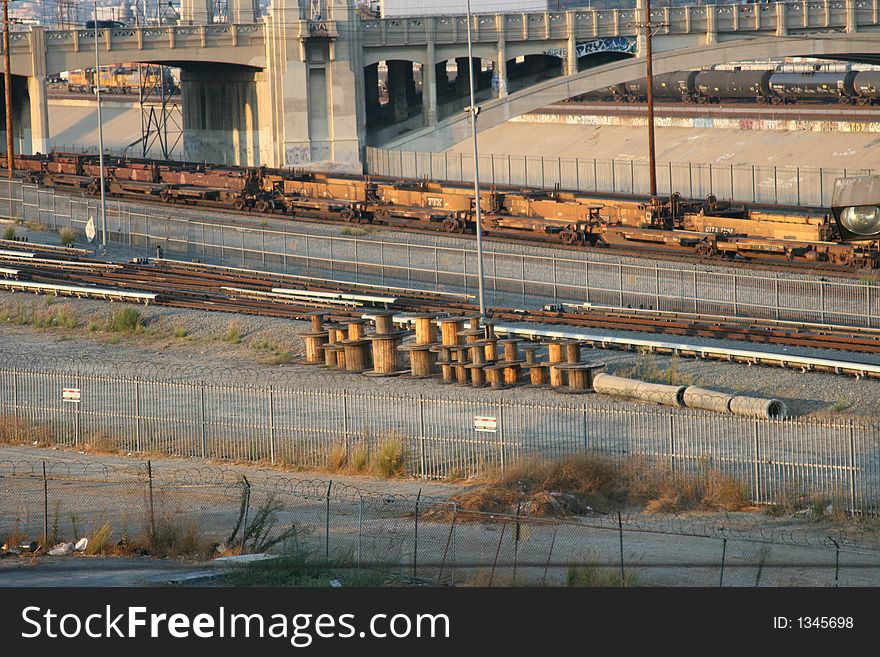 Shot of rail yard and 5th st. bridge in downtown los angeles. Shot of rail yard and 5th st. bridge in downtown los angeles.