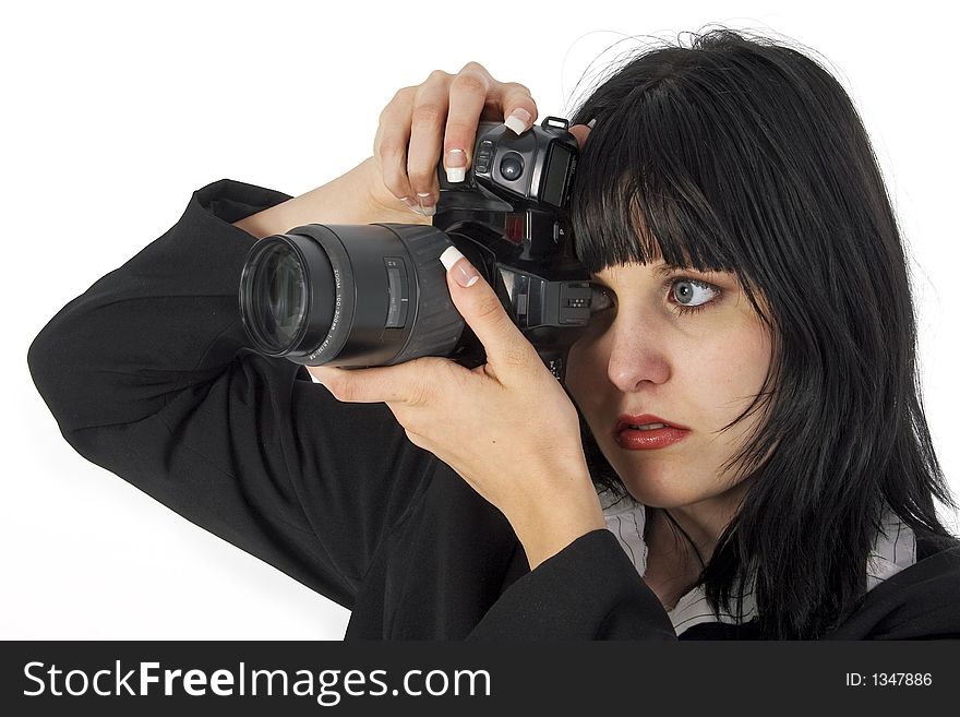 Woman with camera over white background. Woman with camera over white background.
