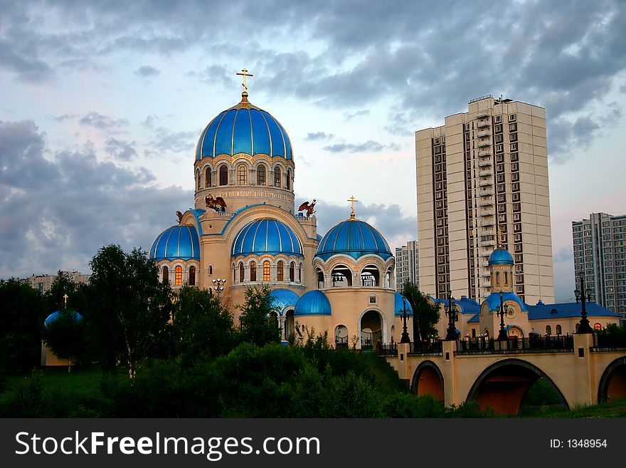 Christian church, Moscow, Russia on cloudy sky