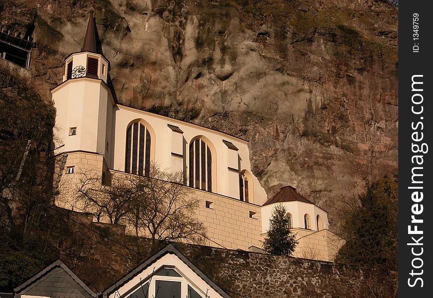 A view of the Church in the Rock in Idar-Oberstein, Germany.  This building was built entirely inside the hill over-looking the twin cities.