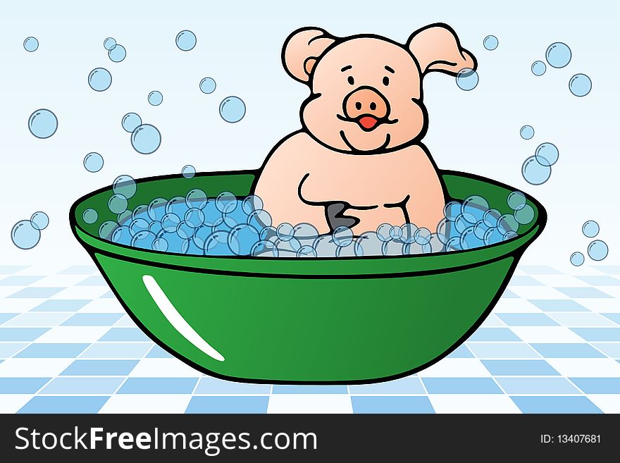 Graphic illustration of swine having a bath. Graphic illustration of swine having a bath