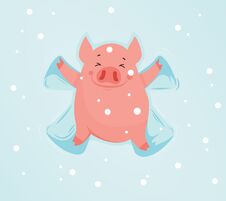 Funny Pig In The Snow Makes Snow Angel. Vector Illustration. Can Be Used As A Greeting Card, Poster And So On Stock Image