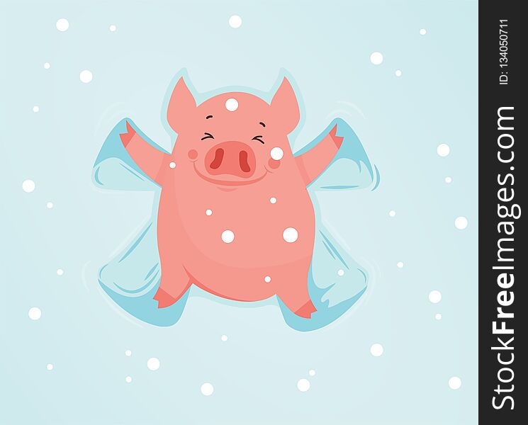 Funny pig in the snow makes snow angel. Vector illustration. can be used as a greeting card, poster and so on