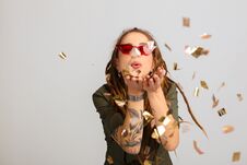 Delighted Nice Woman Wearing Red Stylish Sunglasses Stock Images Delighted Nice Woman Wearing Red Stylish Sunglasses Stock Images
