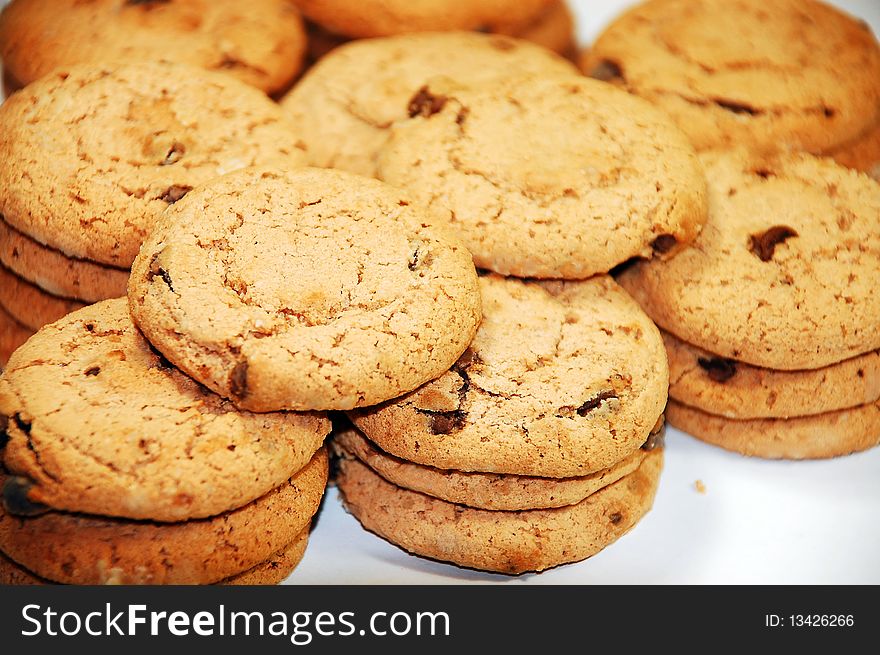 Stacks of chocolate chip cookies