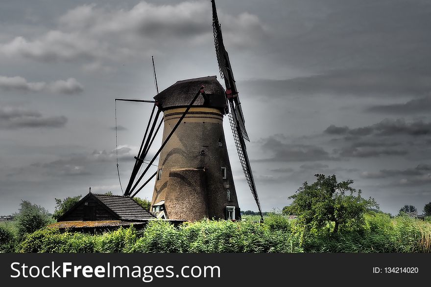 Windmill, Mill, Waterway, Sky