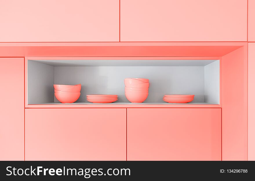 Scandinavian kitchen design. tableware. Color of the year 2019 living coral. banner.