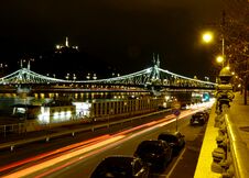 Night Panorama Of The Liberty Bridge In Budapest Stock Image