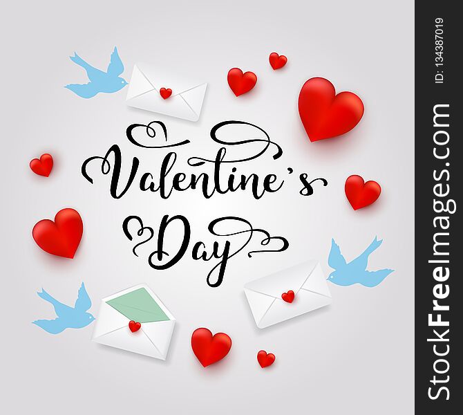 Valentine`s day, holiday objects on white background. Vector illustration. Hearts, birds, letters envelopes