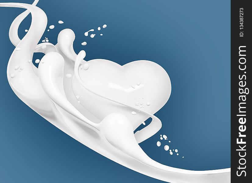 Splash of milk abstract background, heart milk isolated 3d rendering. Splash of milk abstract background, heart milk isolated 3d rendering