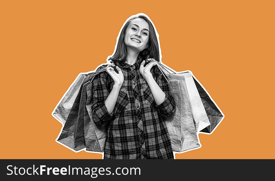 Happy young woman with shoping bags. Magazine style collage with copy space and orange background