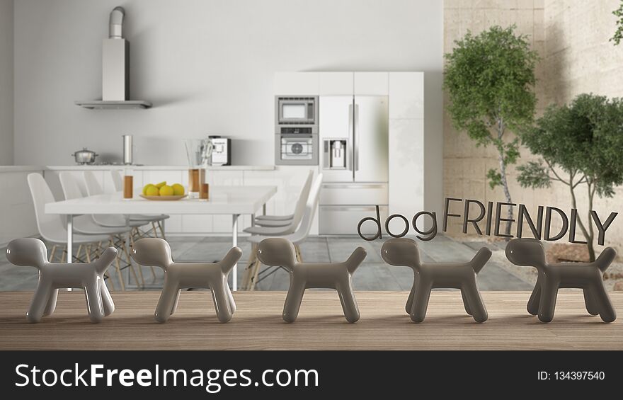 Wooden table top or shelf with line of stylized dogs, dog friendly concept, love for animals, animal dog proof home, modern kitchen with inner garden, cool interior design