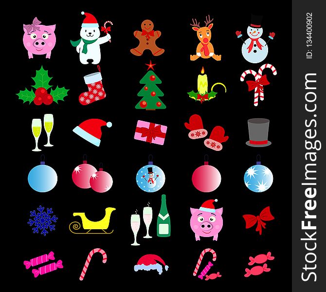 Set of Merry Christmas 30 icons Happy New Year on the black backgroud