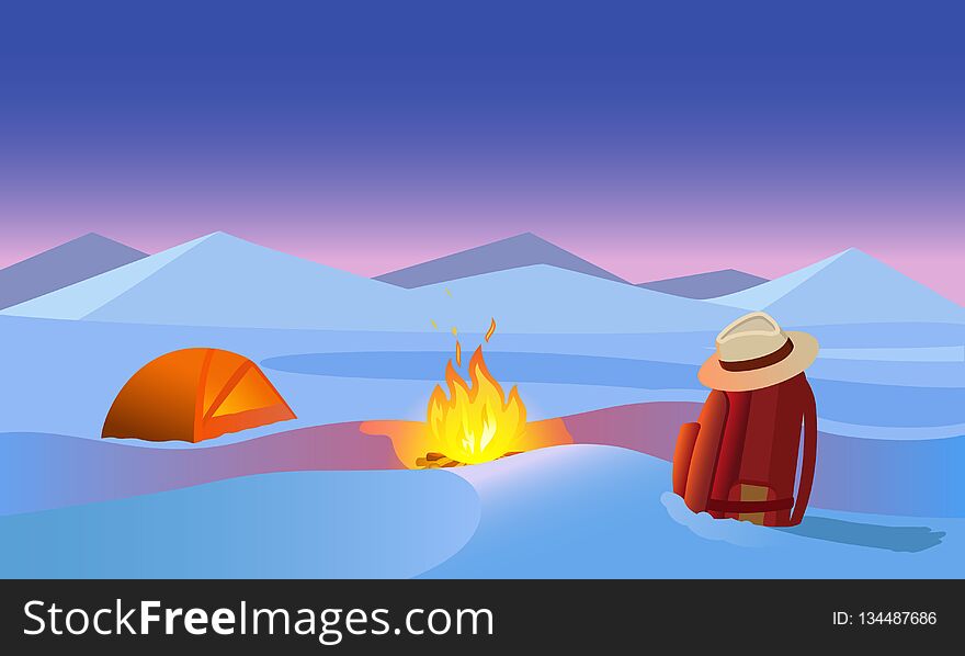 Backpack Tent and a campfire area tourist mountain snowy winter vector illustration adventure