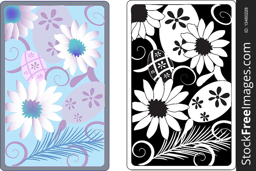 Easter eggs  two illustration  with white daisy flowers, ornaments feather and eggs. Two color variants black and white, blue. Easter eggs  two illustration  with white daisy flowers, ornaments feather and eggs. Two color variants black and white, blue.