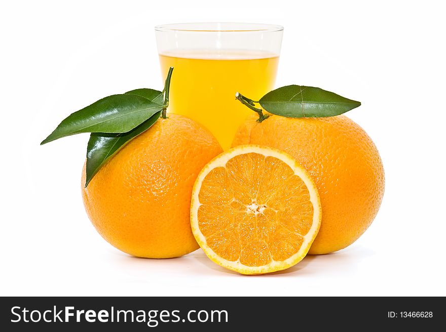 Oranges and orange juice isolated on white background