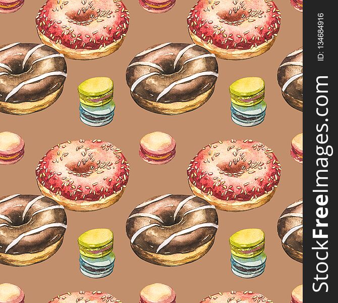 Donut watercolor illustrations isolated on white background. Seamless pattern with colorful donuts with glaze and sprinkles