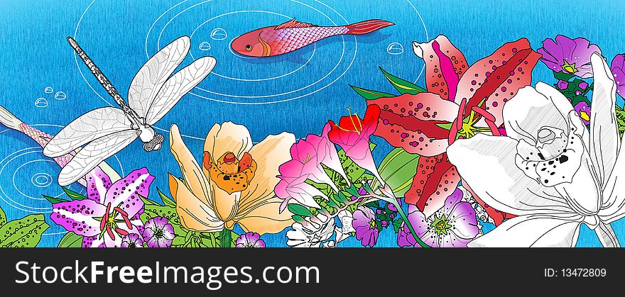 Beautiful Flowers, Fish And Dragonfly