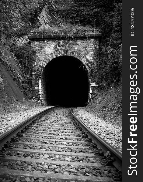 Tunnel, Track, Black And White, Monochrome Photography