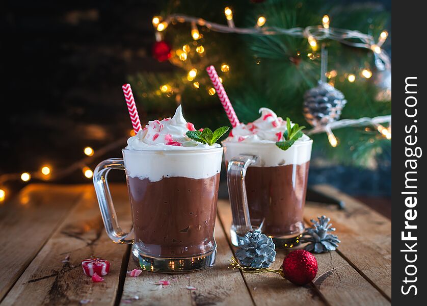 Christmas mint hot chocolate on wooden background