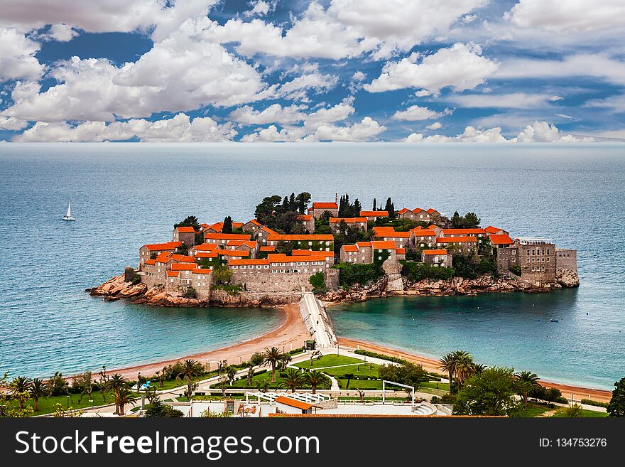 Sveti Stefan Island In Budva In A Beautiful Summer Day, Montenegro