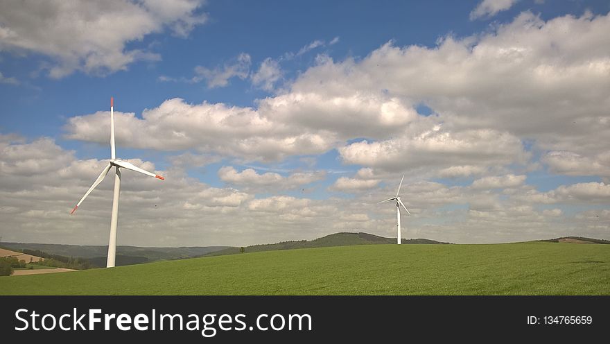 Wind Turbine, Grassland, Wind Farm, Field