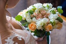 Wedding Bouquet Bride Behind. Holds Beautiful Her Back Royalty Free Stock Photography