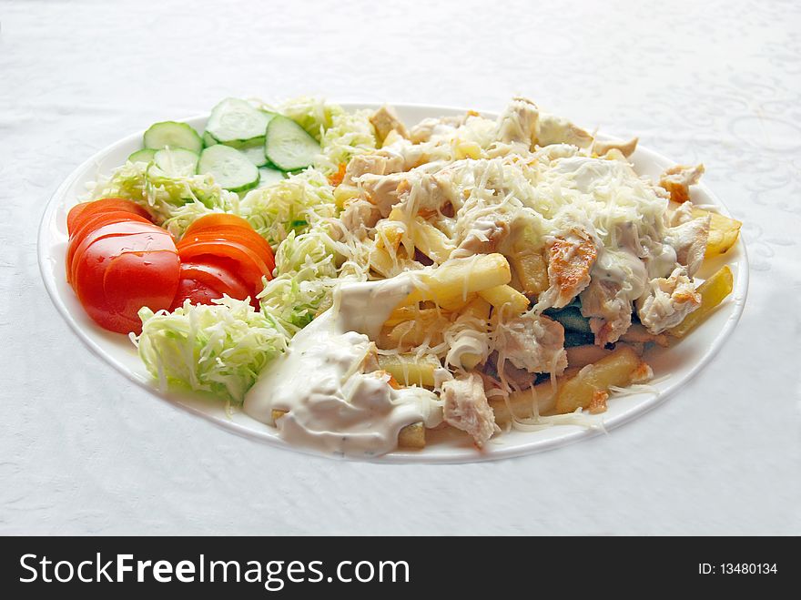 Shaorma with fries and salad