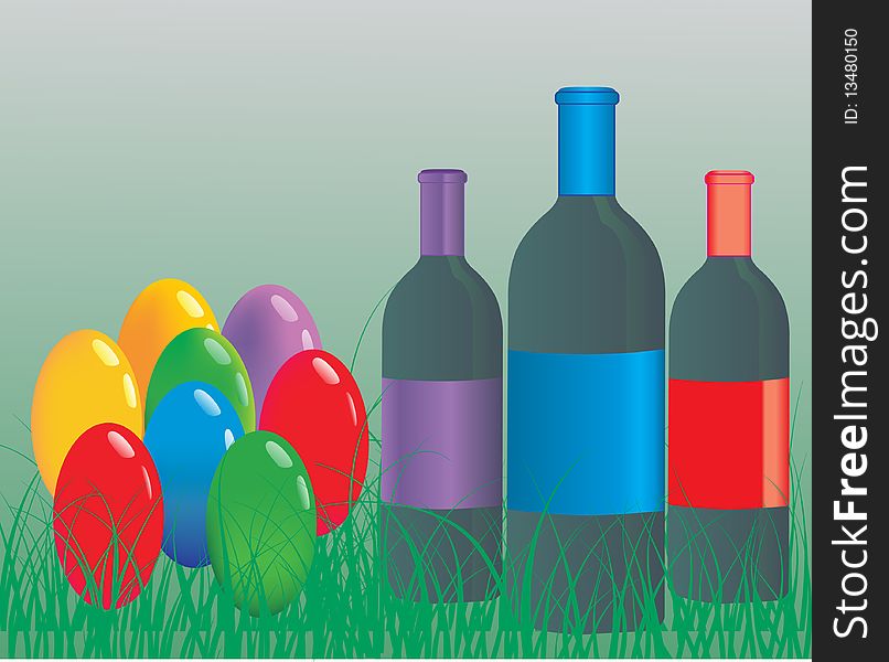 Many color easter eggs with wine bottles. Many color easter eggs with wine bottles