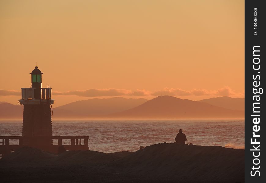 Sunrise, Lighthouse, Sky, Sea